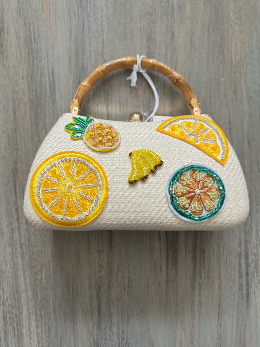 Haute Hippie Cream Straw Clutch Handle Crossbody with Fruit Appliqués